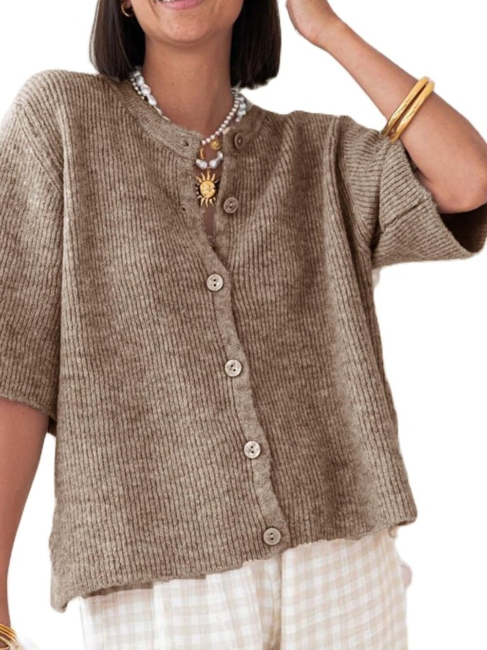 Women Y2K Cardigan Sweater Short Sleeve Button Down Ribbed Knit Crop Top Fall